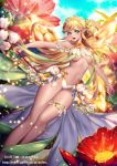  &#039;o&#039;ne bare_shoulders blonde_hair blue_eyes breasts fairy fairy_wings flower hair_flower hair_ornament leg_garter long_hair midriff navel outstretched_arms payot pointy_ears smile sparkle under_boob watermark wings 