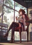  1girl ahoge bare_shoulders brown_hair crossed_legs cup detached_sleeves gou_(ga673899) hairband indoors japanese_clothes kantai_collection kongou_(kantai_collection) long_hair nontraditional_miko sitting smile solo teacup thigh-highs watermark window 