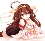  1girl ahoge bare_shoulders boots breasts brown_eyes brown_hair cleavage double_bun headgear heart highres japanese_clothes kantai_collection kongou_(kantai_collection) long_hair looking_at_viewer lying nontraditional_miko on_stomach orqz solo thigh-highs thigh_boots tongue tongue_out white_background yes yes-no_pillow 