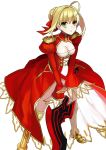  1girl aestus_estus ahoge blonde_hair breasts dress epaulettes fate/extra fate_(series) green_eyes red_dress saber_extra solo sword typone weapon 