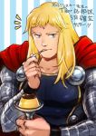  1boy armor blonde_hair blue_eyes eating long_hair marvel nikumeron pudding solo thor_(marvel) 
