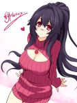  1girl black_hair breasts cleavage glasses kikyou-0423 long_hair open-chest_sweater red_eyes ribbed_sweater sketch solo sweater 