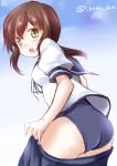  1girl blush brown_hair fubuki_(kantai_collection) green_eyes izumi_akane kantai_collection looking_at_viewer open_mouth ponytail solo swimsuit swimsuit_under_clothes undressing 