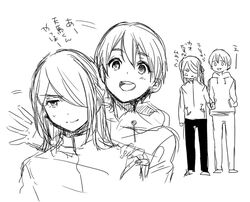  2boys alternate_hair_length alternate_hairstyle hair_over_one_eye hoodie inazuma_eleven inazuma_eleven_(series) inazuma_eleven_go kazemaru_ichirouta male_focus miyasaka_ryou monochrome multiple_boys older open_mouth short_hair simple_background sketch standing tomo_(sjim) white_background 