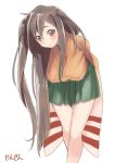  1girl alternate_hair_length alternate_hairstyle arms_behind_back blush brown_eyes brown_hair hiryuu_(kantai_collection) japanese_clothes kantai_collection leaning_forward long_hair sensen side_ponytail skirt smile solo translation_request white_background 