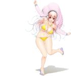  1girl bikini blush breasts cleavage headphones large_breasts long_hair looking_at_viewer navel nitroplus open_mouth pink_hair red_eyes smile solo super_sonico swimsuit tsuji_santa 