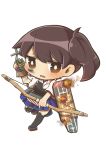  1girl absurdres armor arrow bow_(weapon) brown_eyes brown_hair chibi damaged fire gloves highres japanese_clothes kaga_(kantai_collection) kantai_collection looking_at_viewer muneate open_mouth reimu9 side_ponytail smoke solo thigh-highs torn_clothes weapon 