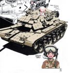 3girls akiyama_yukari artist_name blush camouflage caterpillar_tracks english girls_und_panzer goggles goggles_on_hat helmet highres jumpsuit long_hair looking_at_another m60_patton military military_uniform military_vehicle multiple_girls open_mouth operation_desert_storm partially_colored sgt_nakamura shadow short_hair signature simple_background sketch smile tank uniform vehicle white_background 