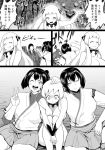  airfield_hime bifidus comic commentary horns hyuuga_(kantai_collection) ise_(kantai_collection) japanese_clothes kantai_collection monochrome ribbon-trimmed_sleeves ribbon_trim ru-class_battleship translation_request undershirt v water_gun 