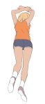  1boy arms_up blonde_hair from_behind gym_uniform inazuma_eleven inazuma_eleven_(series) male_focus miyasaka_ryou simple_background solo tank_top tomo_(sjim) white_background 