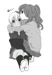  :o blush hair_over_one_eye hug inazuma_eleven inazuma_eleven_(series) kazemaru_ichirouta long_hair miyasaka_ryou monochrome pantyhose scarf simple_background sitting skirt squatting tomo_(sjim) white_background 