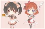  2girls apron black_hair bow chibi fork frilled_collar gloves hair_bow hairband highres holding_fork kneehighs looking_at_viewer love_live!_school_idol_project mashuhope_(chinesere) multiple_girls nishikino_maki plate red_eyes redhead ribbon stack_of_pancakes standing striped striped_background striped_legwear vertical-striped_background violet_eyes waitress wristband yazawa_nico 