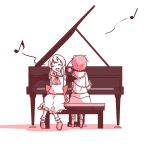  2girls alternate_hair_length alternate_hairstyle arms_behind_back ascot bat_wings blush_stickers closed_eyes facing_viewer from_behind instrument kameyan komeiji_satori long_hair multiple_girls musical_note piano piano_bench pink_hair remilia_scarlet short_hair simple_background singing skirt skirt_set slippers touhou white_background white_hair wings 