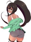  1girl ahoge ass bare_shoulders black_hair borrowed_character breasts cyron_tanryoku dark_skin from_behind glasses green-framed_glasses huge_ahoge long_hair off_shoulder original peachmaiden ponytail red_eyes semi-rimless_glasses shorts solo striped striped_legwear tank_top thigh-highs under-rim_glasses very_dark_skin very_long_hair 
