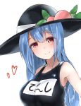  1girl blue_hair blush breasts emushake eyes_visible_through_hair food fruit hat heart highres hinanawi_tenshi large_breasts light_smile long_hair looking_at_viewer name_tag peach red_eyes school_swimsuit simple_background sketch solo swimsuit touhou upper_body white_background 