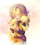  1girl blonde_hair blush closed_eyes hat pikachu pokemon pokemon_(creature) short_hair smile tachiuo_(arines) yellow_(pokemon) 
