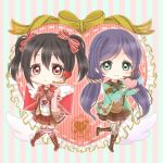  2girls angel_wings armband bangs black_hair boots bow chibi frills garter_straps green_eyes hair_bow happy_valentine headset heart knees_together_feet_apart letter love_live!_school_idol_project mashuhope_(chinesere) multiple_girls purple_hair red_eyes ribbon scrunchie standing_on_one_leg striped striped_background striped_legwear thigh-highs toujou_nozomi twintails vertical-striped_background vertical-striped_legwear vertical_stripes winged_shoes wings yazawa_nico 