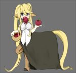  1girl absurdly_long_hair animal_ears apple artist_request basket blonde_hair blue_eyes centaur centorea_shianus drawfag food fruit full_body grey_background horse_ears horse_tail long_hair looking_at_viewer monster_girl monster_musume_no_iru_nichijou mouth_hold simple_background sleeveless solo tail very_long_hair 