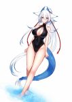  1girl animal_ears blue_eyes blush breasts cleavage cleavage_cutout front_zipper_swimsuit heterochromia horns konshin large_breasts long_hair looking_at_viewer one-piece_swimsuit original ponytail red_eyes simple_background solo swimsuit tail unzipped very_long_hair white_background white_hair zipper 