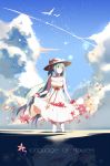  1girl barefoot blue_eyes bow clouds dress hat hatsune_miku highres long_hair looking_to_the_side shingetsu_mk sky smile solo sundress twintails very_long_hair vocaloid water wrist_scrunchie 
