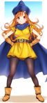  1girl alena_(dq4) belt breasts brown_hair bu-kunn cape dragon_quest dragon_quest_iv gloves hands_on_hips hat highres long_hair pantyhose red_eyes smile solo standing 