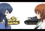  2girls blue_eyes blue_hair blush brown_eyes brown_hair caterpillar_tracks eclair_(girls_und_panzer) girls_und_panzer letterboxed lips long_hair looking_at_another military military_vehicle multiple_girls nishizumi_miho panzerkampfwagen_iv portrait profile saitaniya_ryouichi school_uniform short_hair somua_s35 spade tank uniform vehicle white_background 