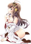  1girl ahoge blue_eyes breasts brown_hair chize cleavage detached_sleeves hairband japanese_clothes kantai_collection kongou_(kantai_collection) long_hair looking_at_viewer no_pants nontraditional_miko off_shoulder partially_undressed sitting solo thigh-highs wariza wide_sleeves 