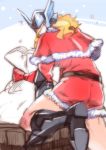  1boy blonde_hair boots capelet chimney christmas from_behind helmet looking_at_viewer looking_back marvel nikumeron sack santa_costume shorts solo thor_(marvel) 