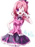  1girl ;d gloves hand_on_hip hat looking_at_viewer love_live!_school_idol_project miuku_(marine_sapphire) nishikino_maki one_eye_closed open_mouth redhead short_hair skirt smile solo twitter_username v violet_eyes white_gloves 