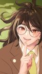  1boy :d brown_eyes brown_hair brown_jacket collared_shirt danganronpa_(series) danganronpa_v3:_killing_harmony glasses gokuhara_gonta green_background grey_shirt highres index_finger_raised jacket long_hair male_focus messy_hair necktie open_mouth round_eyewear sanmian_(chidarakeno) shirt smile solo teeth yellow_necktie 