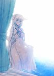  1girl animal_ears backlighting bare_arms bare_shoulders blue_eyes breasts cleavage curtains dress fox_ears jewelry konshin necklace original pendant see-through silver_hair solo water wet wet_clothes wet_dress white_dress white_hair 