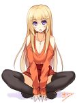  1girl arm_support blonde_hair breasts cleavage cross indian_style kikyou-0423 long_hair necklace simple_background sitting sketch solo sweater thigh-highs violet_eyes 