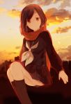  1girl black_clothes black_hair black_legwear building c6h4cl2 clouds cloudy_sky hair_ornament hairclip highres kagerou_project kneehighs looking_at_viewer red_eyes red_scarf scarf school_uniform short_hair sky solo straight_hair sunset tateyama_ayano 