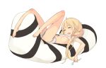  1girl barefoot blonde_hair blush candy futaba_anzu highres holding idolmaster idolmaster_cinderella_girls lollipop long_hair looking_at_viewer lying midriff mk_(masatusaboten) open_mouth panties simple_background sleeping solo striped striped_panties twintails underwear white_background 