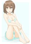  1girl :o barefoot bikini breasts brown_eyes brown_hair cleavage hagiwara_yukiho highres idolmaster leg_hug shunichi sitting solo swimsuit 