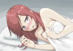  1girl bed_sheet blush breasts covering looking_at_viewer love_live!_school_idol_project lying nishikino_maki on_side open_mouth pillow redhead shunichi solo violet_eyes 