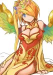  1girl bare_shoulders bird_wings blonde_hair blue_eyes breasts china_dress chinese_clothes cleavage cleavage_cutout dress elbow_gloves fingerless_gloves gloves hair_over_one_eye headpiece leiran_(p&amp;d) long_hair memento_vivi multicolored_hair orange_hair puzzle_&amp;_dragons side_ponytail simple_background sitting sleeveless sleeveless_dress smile solo white_background 