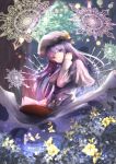  1girl butterfly capelet crescent flower hair_ribbon hand_in_hair highres koroneko_p0w0q long_hair long_sleeves looking_at_viewer magic_circle mob_cap patchouli_knowledge purple_hair ribbon solo touhou tress_ribbon very_long_hair violet_eyes 