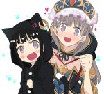  2girls anger_vein atelier_(series) atelier_meruru atelier_totori bare_shoulders bell bell_collar black_hair cat_tail collar commentary_request ear_piercing fang grey_eyes hair_ornament hat hat_with_ears heart hood jewelry kemonomimi_mode kittysuit long_hair maromi_(am97) mimi_houllier_von_schwarzlang multiple_girls open_mouth paw_pose piercing silver_hair single_earring tail totooria_helmold very_long_hair violet_eyes 