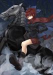  1girl armor blue_background boots bow cape covering_mouth gloves hair_bow horseback_riding kuro_ni long_sleeves looking_at_viewer microskirt red_eyes redhead reins riding sekibanki short_hair skirt smoke solo touhou willow wind 