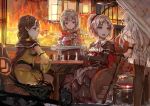  4girls blonde_hair board_game chess cup detached_sleeves drink fang horns long_hair multiple_girls oni_horns open_mouth pixiv_fantasia pixiv_fantasia_t pointy_ears ponytail red_eyes short_hair silver_hair sitting smile spark_(sandro) staff tattoo tray wine_glass wristband 