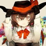  1girl black_gloves blush bow brown_eyes brown_hair capelet flower gloves hat hat_bow long_sleeves looking_at_viewer open_mouth popokuri ribbon shirt short_hair simple_background solo text touhou usami_renko 