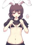  1girl alternate_color animal_ears black_bikini_top breasts brown_hair carrot culter heart inaba_tewi jewelry looking_at_viewer micro_bikini_top navel necklace pendant pink_eyes puffy_short_sleeves puffy_sleeves rabbit_ears shirt short_sleeves skirt skirt_lift small_breasts smile solo spoken_heart tongue tongue_out touhou under_boob 