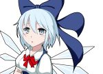  1girl akagane03 blue_hair cirno grey_eyes hair_ribbon looking_at_viewer ribbon short_hair short_sleeves simple_background small_breasts solo touhou triangle_mouth upper_body white_background wings 