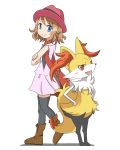  &gt;:) 1girl animal_ears ankle_boots bag blue_eyes boots braixen crossed_arms dress fang fox_ears fox_tail hands_on_hips hat looking_at_viewer mikan_imo pokemon pokemon_(creature) red_eyes serena_(pokemon) short_hair shoulder_bag tail thigh-highs 