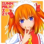  1girl blue_eyes character_name dated fingernails fingers_to_mouth headdress heart heart-shaped_pupils lips looking_at_viewer mougi_(soultaker6417) nail_polish orange_background orange_hair short_hair simple_background smile solo sunny_milk symbol-shaped_pupils touhou twintails upper_body v 