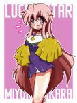  1girl cheerleader glasses long_hair lucky_star mizushima_(p201112) pink_hair pom_poms standing sweat takara_miyuki violet_eyes 