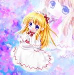  1girl blonde_hair blue_eyes capelet cherry_blossoms dress fairy_wings floral_background hat light_particles lily_white long_hair looking_at_viewer sash sleeves_past_wrists solo touhou tsukiori_sasa white_dress wings zoom_layer 