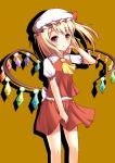 1girl ascot blonde_hair brown_background flandre_scarlet gudou_(gdo_514) hand_in_hair hat hat_ribbon highres light_frown looking_at_viewer mob_cap red_eyes ribbon shadow short_sleeves side_ponytail simple_background skirt skirt_hold skirt_set solo touhou wind wings 