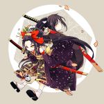  2boys black_hair chibi headdress highres japanese_clothes jirou_tachi long_hair multiple_boys ponytail purin_neko purple_hair tarou_tachi touken_ranbu yellow_eyes 